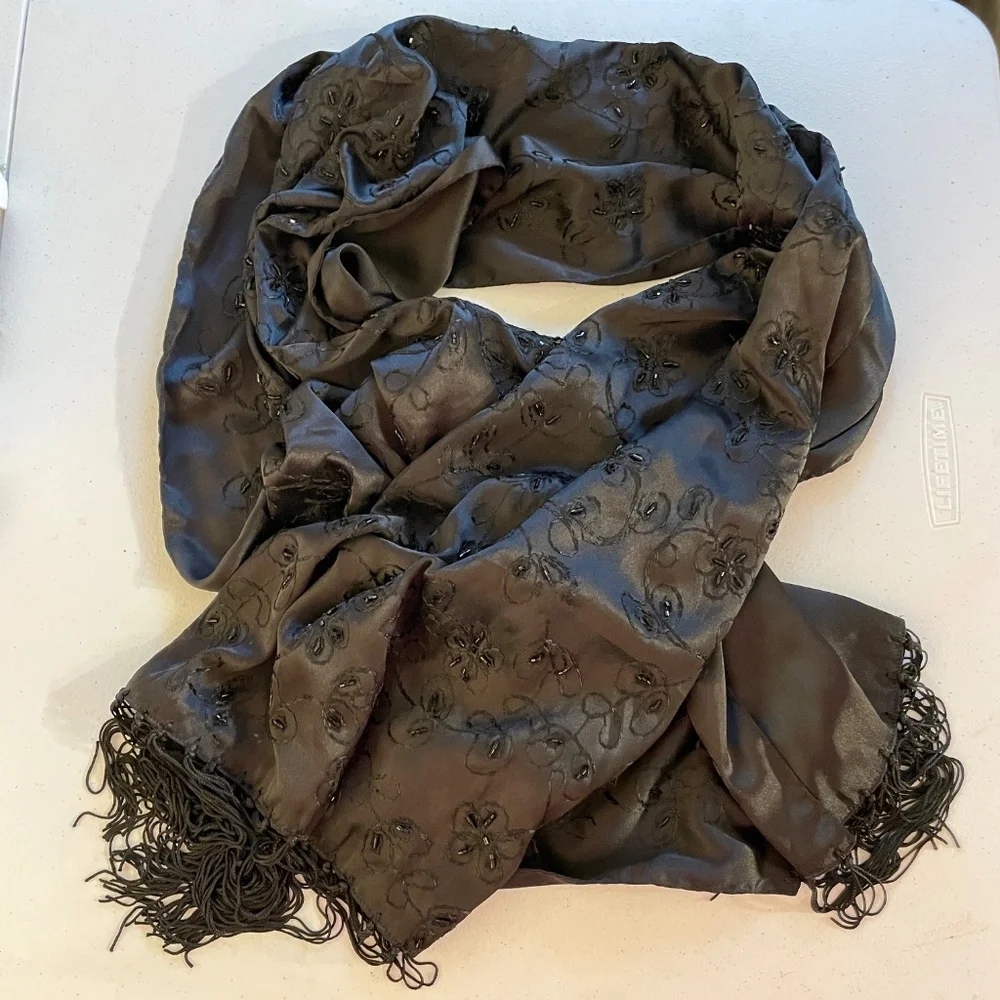 Blqck Fringed Wrap Shawl Beaded Embroidered